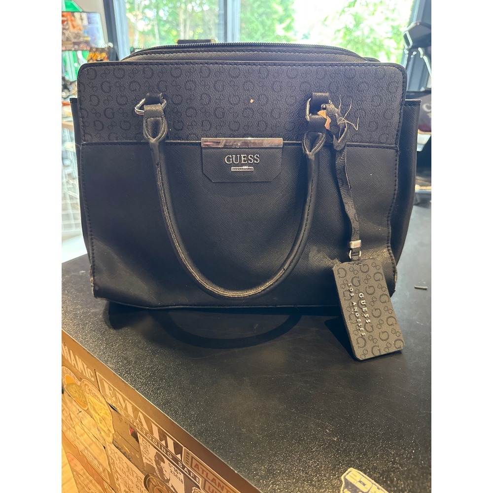 Guess Los Angeles Black Monogram Satchel Handbag Saffiano Faux Leather Bag